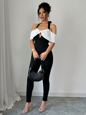 Women Contrast Color Halter Backless Sexy Jumpsuit