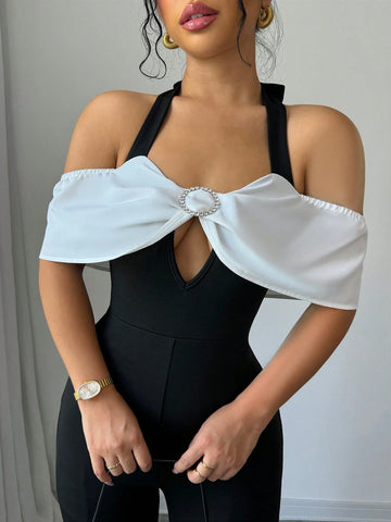 Women Contrast Color Halter Backless Sexy Jumpsuit