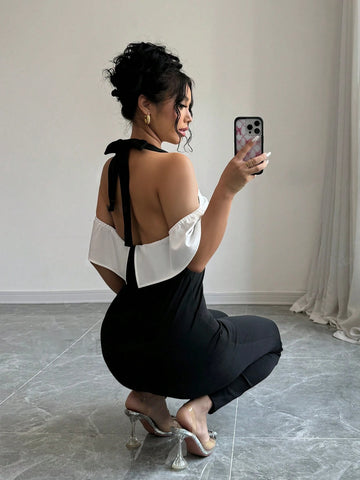 Women Contrast Color Halter Backless Sexy Jumpsuit