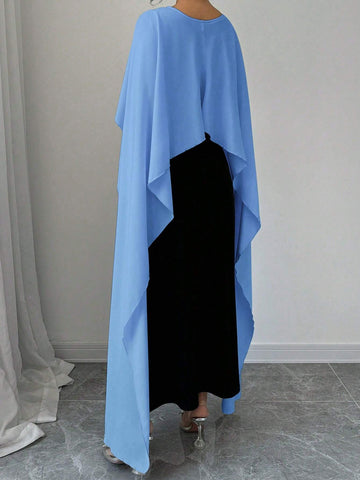 Women Contrast Color Round Neck Cape Design Dress, Elegant Style