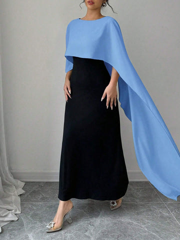 Women Contrast Color Round Neck Cape Design Dress, Elegant Style