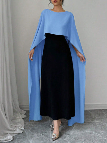 Women Contrast Color Round Neck Cape Design Dress, Elegant Style
