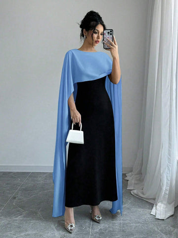 Women Contrast Color Round Neck Cape Design Dress, Elegant Style