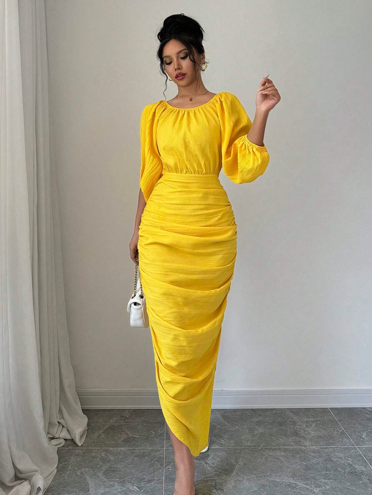 Women Crew Neck Long Sleeve Ruched Slim-Fit Elegant Charming Graceful Dress