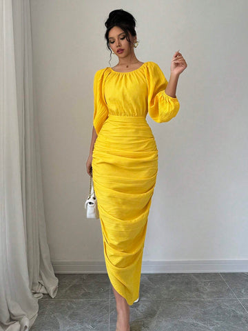 Women Crew Neck Long Sleeve Ruched Slim-Fit Elegant Charming Graceful Dress