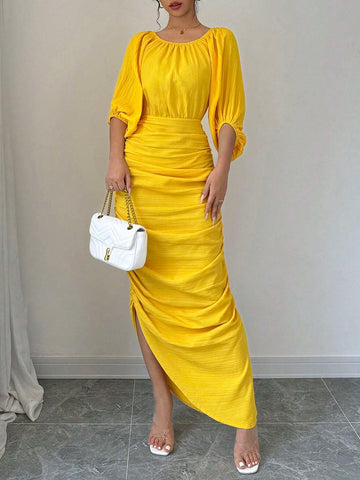 Women Crew Neck Long Sleeve Ruched Slim-Fit Elegant Charming Graceful Dress