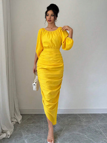 Women Crew Neck Long Sleeve Ruched Slim-Fit Elegant Charming Graceful Dress