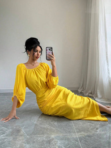 Women Crew Neck Long Sleeve Ruched Slim-Fit Elegant Charming Graceful Dress