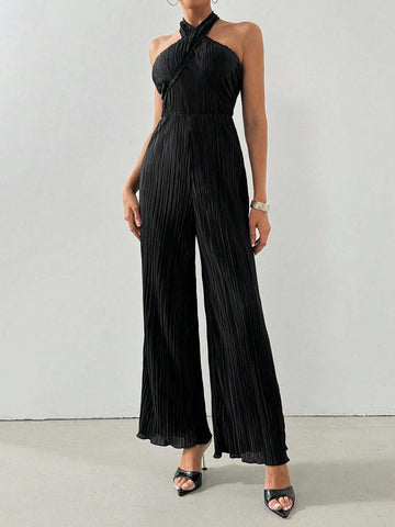 Women Cross-Front Halter Neckline Pleated Fabric Solid Color Jumpsuit For Commute