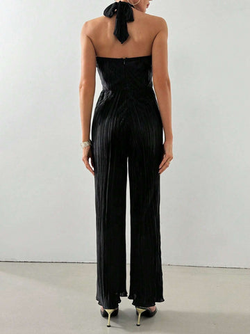 Women Cross-Front Halter Neckline Pleated Fabric Solid Color Jumpsuit For Commute