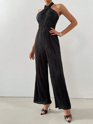 Women Cross-Front Halter Neckline Pleated Fabric Solid Color Jumpsuit For Commute