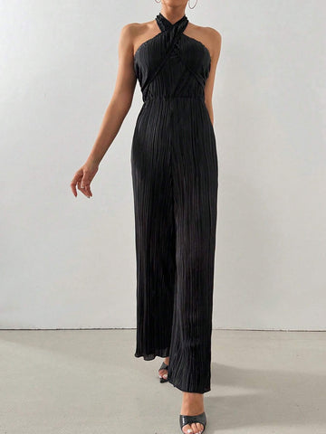 Women Cross-Front Halter Neckline Pleated Fabric Solid Color Jumpsuit For Commute