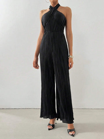 Women Cross-Front Halter Neckline Pleated Fabric Solid Color Jumpsuit For Commute