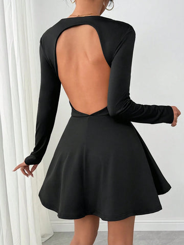 Women Deep V Neck Long Sleeve Cinched Waist Sexy Mini Dress, Solid Color, Autumn