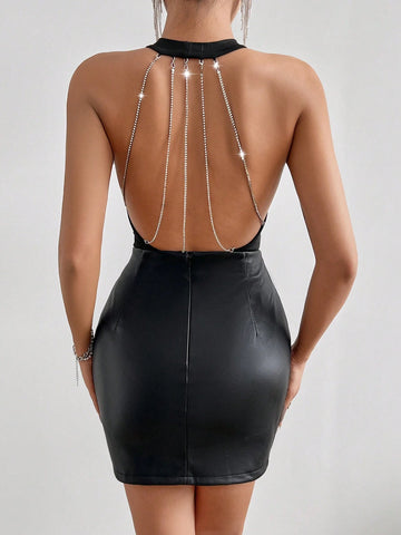 Women Diamond Chain Backless Halter Neck Bodysuit Music Festival Party Sxy Dating