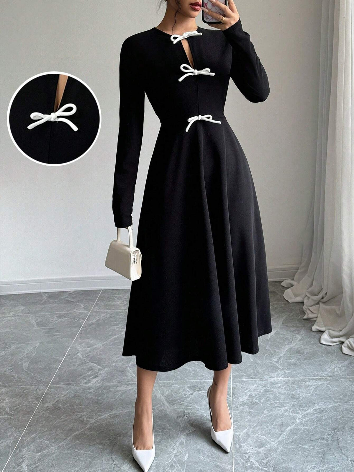 Women Elegant Bowknot Decor Long Sleeve Dress, Spring Autumn