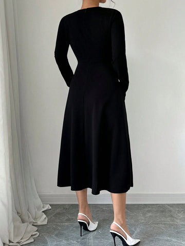 Women Elegant Bowknot Decor Long Sleeve Dress, Spring Autumn