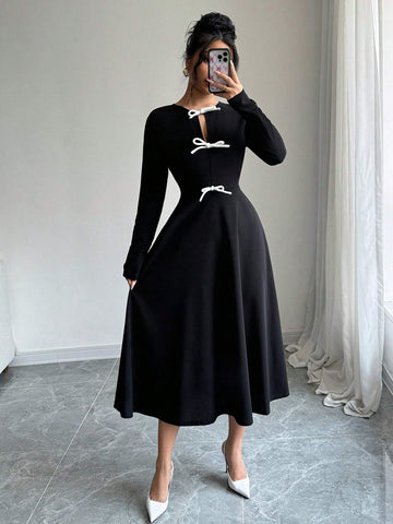 Women Elegant Bowknot Decor Long Sleeve Dress, Spring Autumn