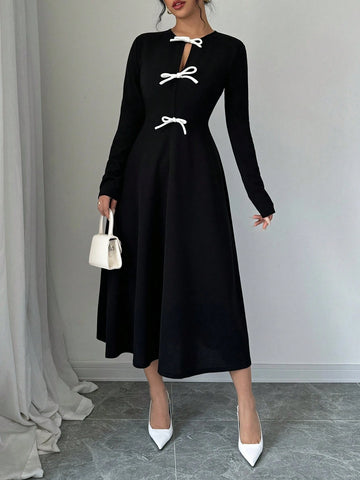 Women Elegant Bowknot Decor Long Sleeve Dress, Spring Autumn