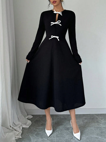 Women Elegant Bowknot Decor Long Sleeve Dress, Spring Autumn