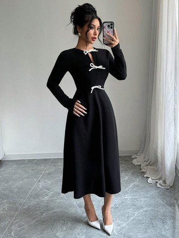 Women Elegant Bowknot Decor Long Sleeve Dress, Spring Autumn