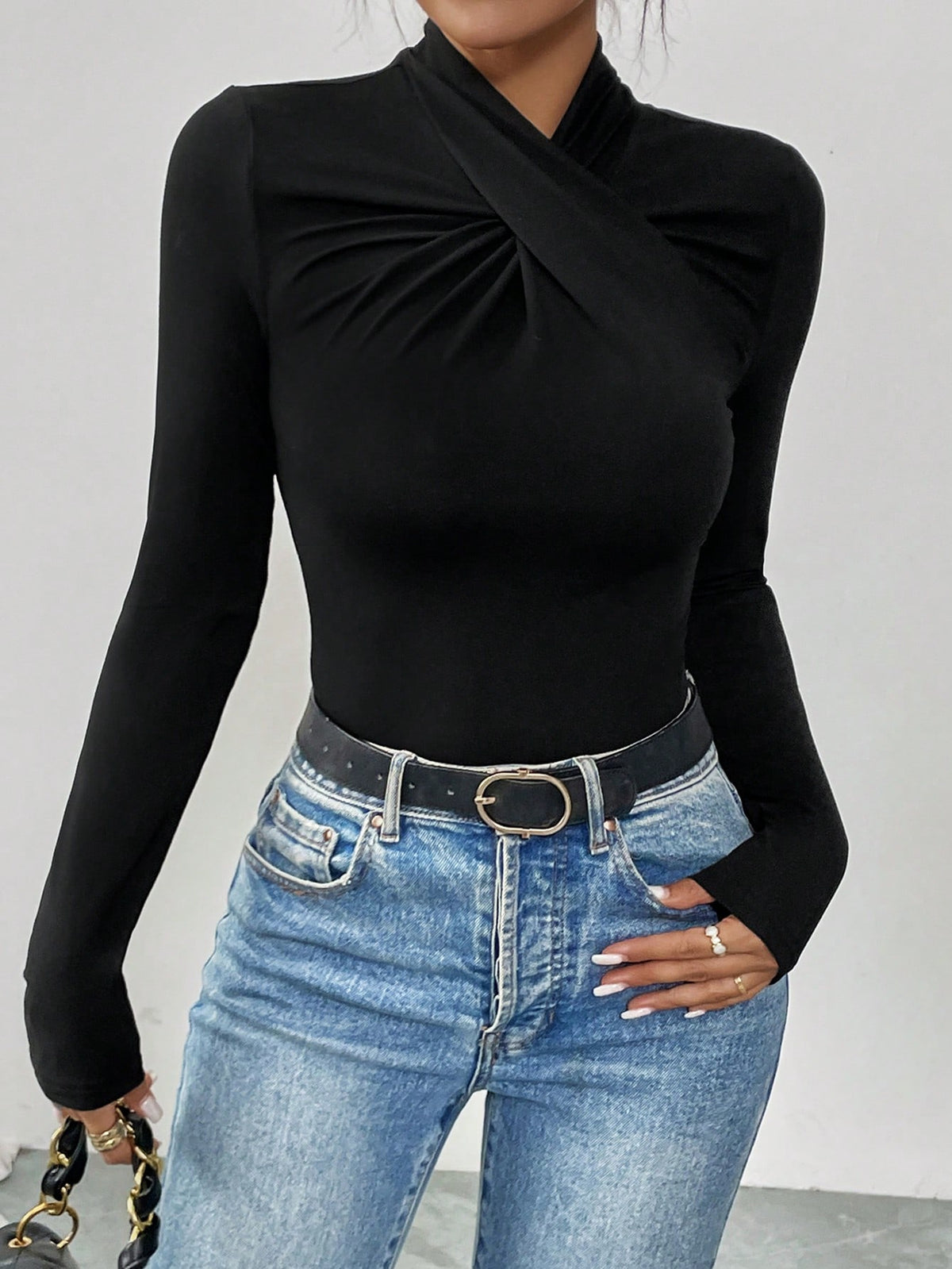 Women Elegant Casual Style Crew Neck High Collar Ruched Long Sleeve Bodysuit
