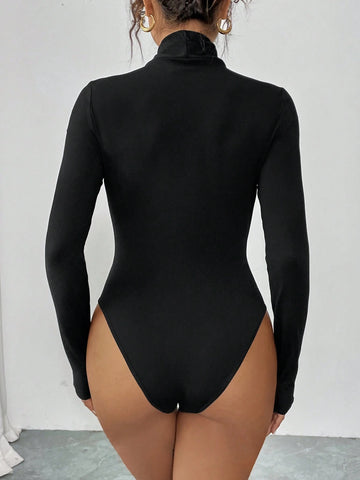 Women Elegant Casual Style Crew Neck High Collar Ruched Long Sleeve Bodysuit