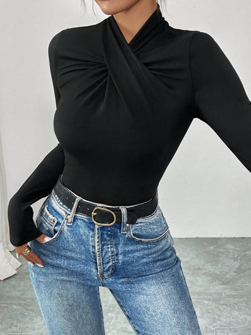 Women Elegant Casual Style Crew Neck High Collar Ruched Long Sleeve Bodysuit