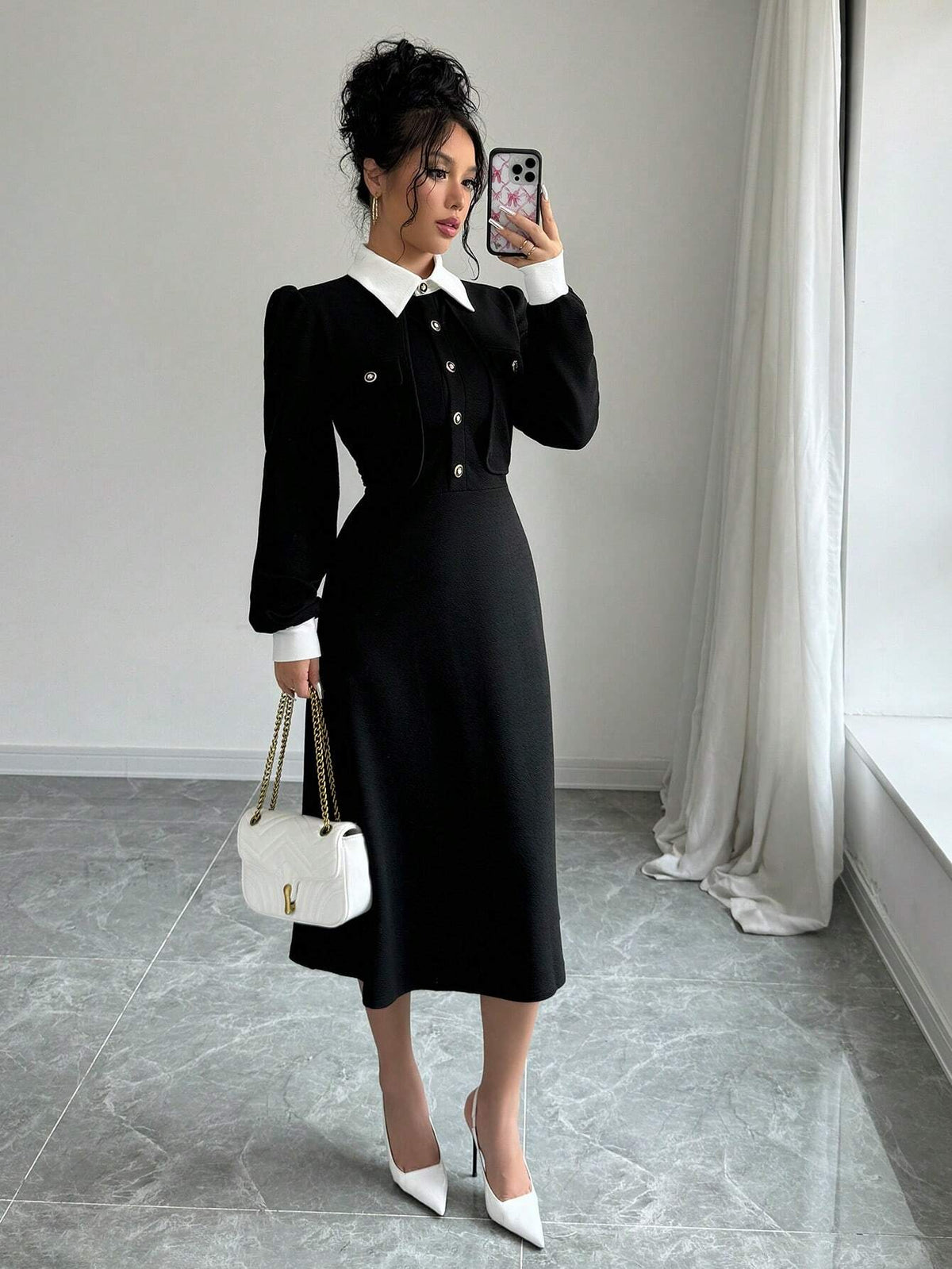 Women Elegant Color-Blocking Puff Sleeve Midi Dress, Spring Autumn