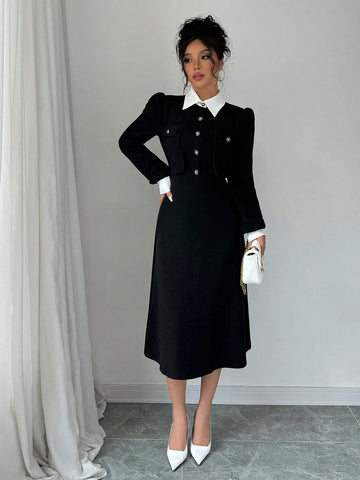 Women Elegant Color-Blocking Puff Sleeve Midi Dress, Spring Autumn