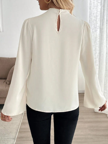 Privé Women Elegant Commuter Long Sleeve Stand Collar Flare Cuff Glossy Woven Light Peach Blouse,