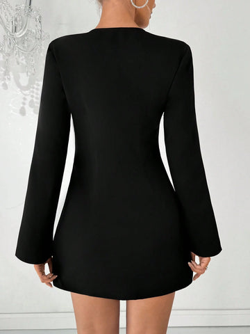 Women Elegant Deep V Neck Diamond Chain Bow Tie Long Sleeve Mini Cocktail Dress, Autumn