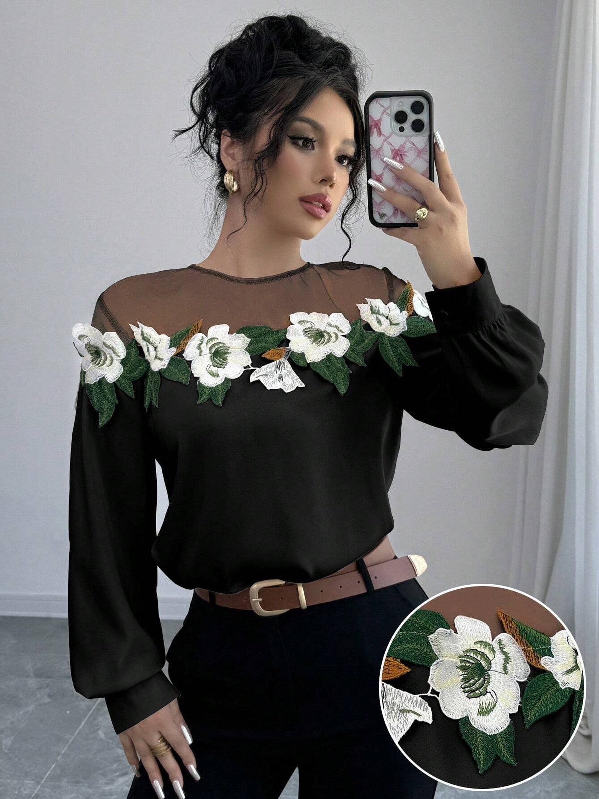 Privé Women Elegant Embroidery & Mesh Panel Long Sleeve Blouse