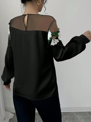 Privé Women Elegant Embroidery & Mesh Panel Long Sleeve Blouse