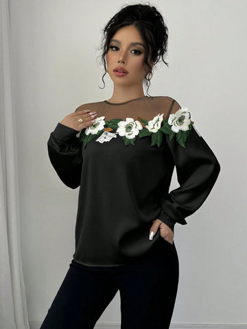 Privé Women Elegant Embroidery & Mesh Panel Long Sleeve Blouse