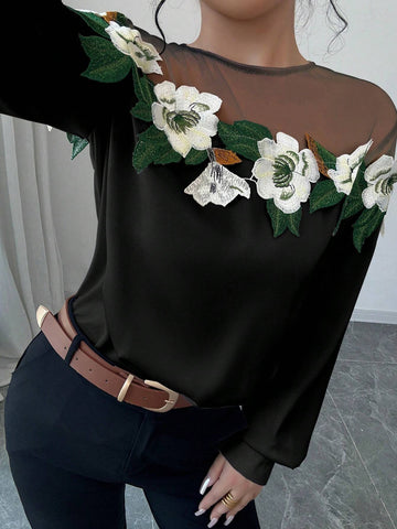 Privé Women Elegant Embroidery & Mesh Panel Long Sleeve Blouse