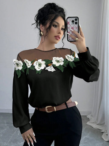 Privé Women Elegant Embroidery & Mesh Panel Long Sleeve Blouse