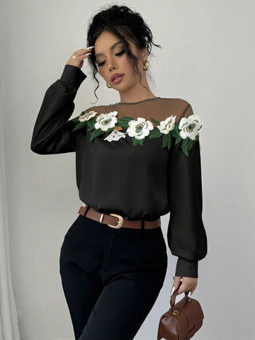 Privé Women Elegant Embroidery & Mesh Panel Long Sleeve Blouse