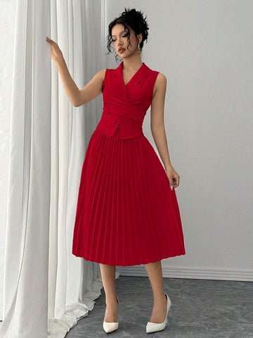 Elegant Daily Versatile Waist Criss-Cross Tie Collar Top & Pleated Elastic Waist Long Skirt, Woven Non-Stretch Fabric, Apricot, Women's 2pcs Set, Autumn/Winter