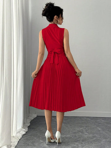 Elegant Daily Versatile Waist Criss-Cross Tie Collar Top & Pleated Elastic Waist Long Skirt, Woven Non-Stretch Fabric, Apricot, Women's 2pcs Set, Autumn/Winter