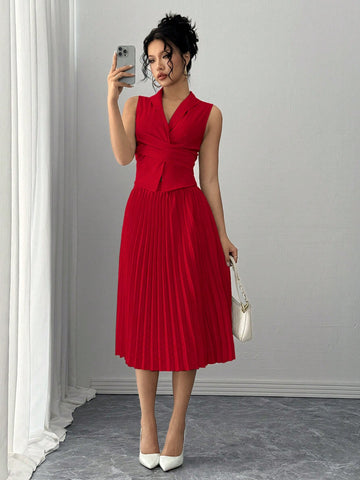 Elegant Daily Versatile Waist Criss-Cross Tie Collar Top & Pleated Elastic Waist Long Skirt, Woven Non-Stretch Fabric, Apricot, Women's 2pcs Set, Autumn/Winter