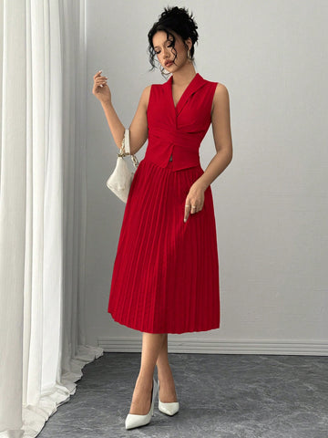 Elegant Daily Versatile Waist Criss-Cross Tie Collar Top & Pleated Elastic Waist Long Skirt, Woven Non-Stretch Fabric, Apricot, Women's 2pcs Set, Autumn/Winter