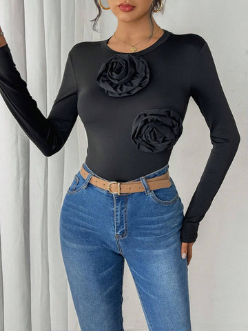 Women Elegant Fitted Long Sleeve Floral Decor Bodysuit For Spring & Fall