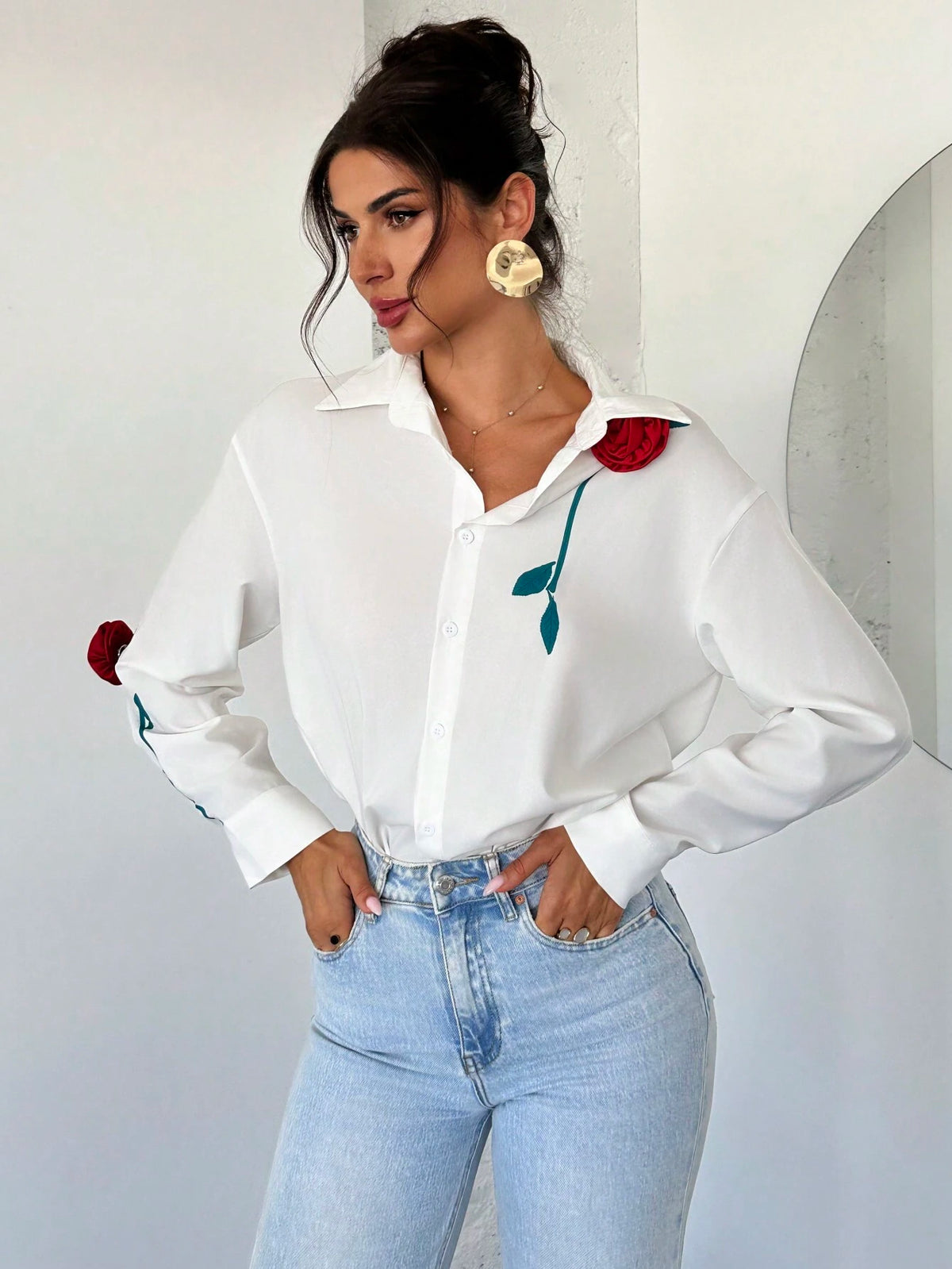 Privé Women Elegant Floral Decor Button Up White Blouse For Office, Work, Vacation