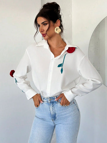 Privé Women Elegant Floral Decor Button Up White Blouse For Office, Work, Vacation