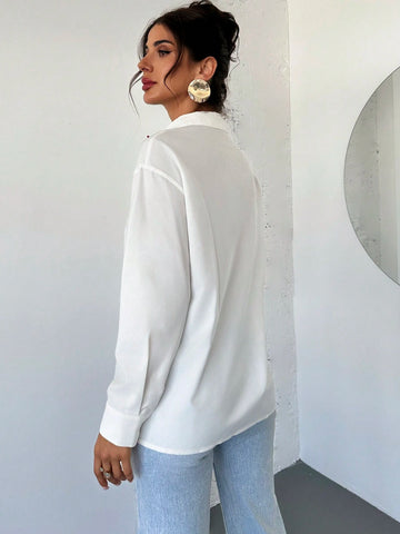 Privé Women Elegant Floral Decor Button Up White Blouse For Office, Work, Vacation