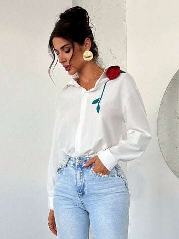 Privé Women Elegant Floral Decor Button Up White Blouse For Office, Work, Vacation