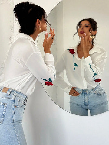 Privé Women Elegant Floral Decor Button Up White Blouse For Office, Work, Vacation