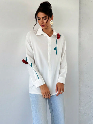 Privé Women Elegant Floral Decor Button Up White Blouse For Office, Work, Vacation