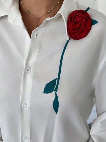 Privé Women Elegant Floral Decor Button Up White Blouse For Office, Work, Vacation